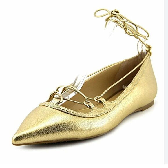 Michael Kors Tabby Ballet Flats Shoes Leather Pointed Toe Ankle Strap  Gold 7.5 - Picture 1 of 11
